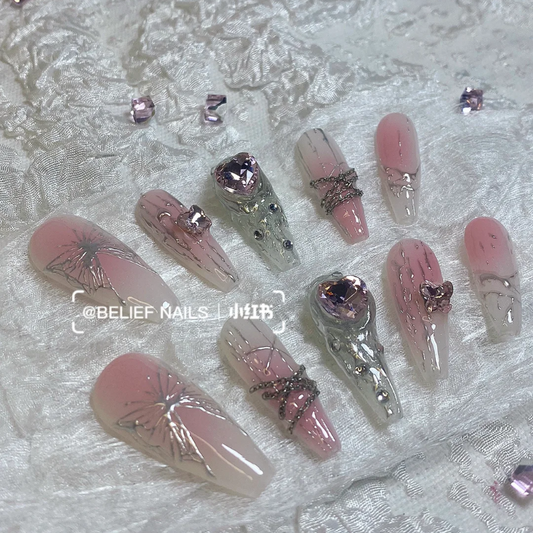 Medium Coffin Liquid Butterfly Pink shade Press on Nail