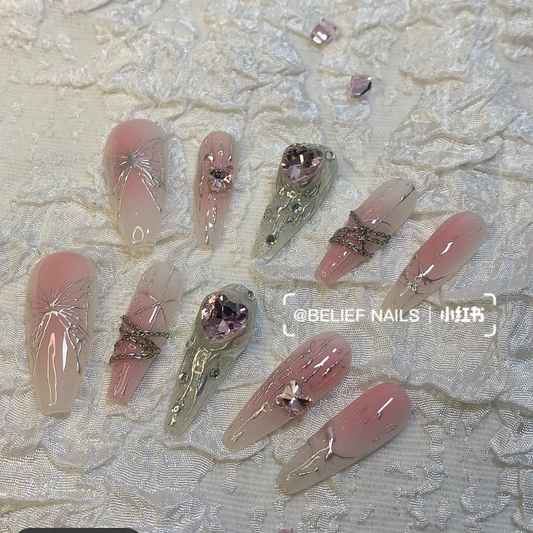 Medium Coffin Liquid Butterfly Pink shade Press on Nail