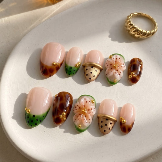 Floral Shell | Medium Almond 3D Carved Flower & Tortoiseshell Press-On Nails