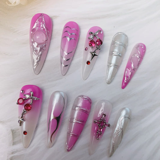 csd03 Long stiletto Purple Heart Cherry nail