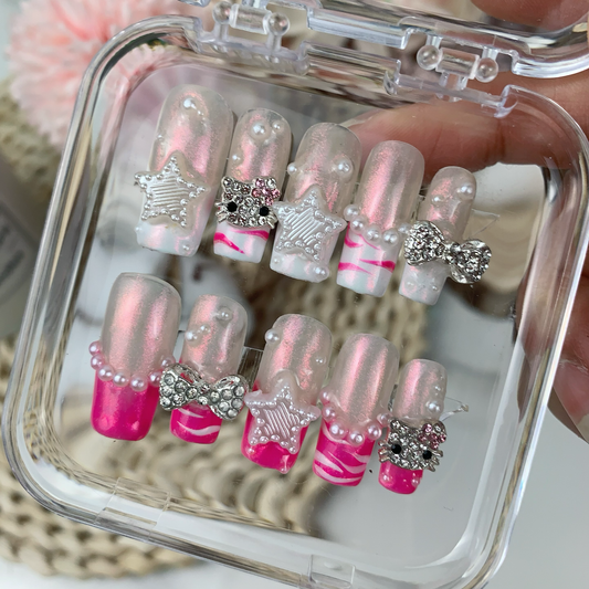 Medium Square Pink white french Kitty