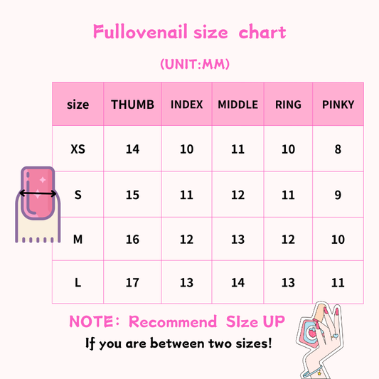 Fullovenail Press-On Nail Size Chart: XS, S, M, L & Custom Widths in MM | Sizing Guide