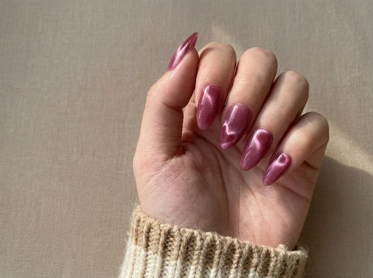 mulberry wine velvet cat-eye press-on nails shifting light from dark oxblood to rich crimson