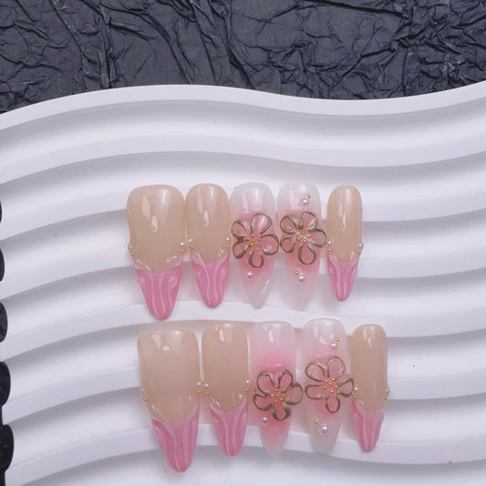 Pink French tip gold flower