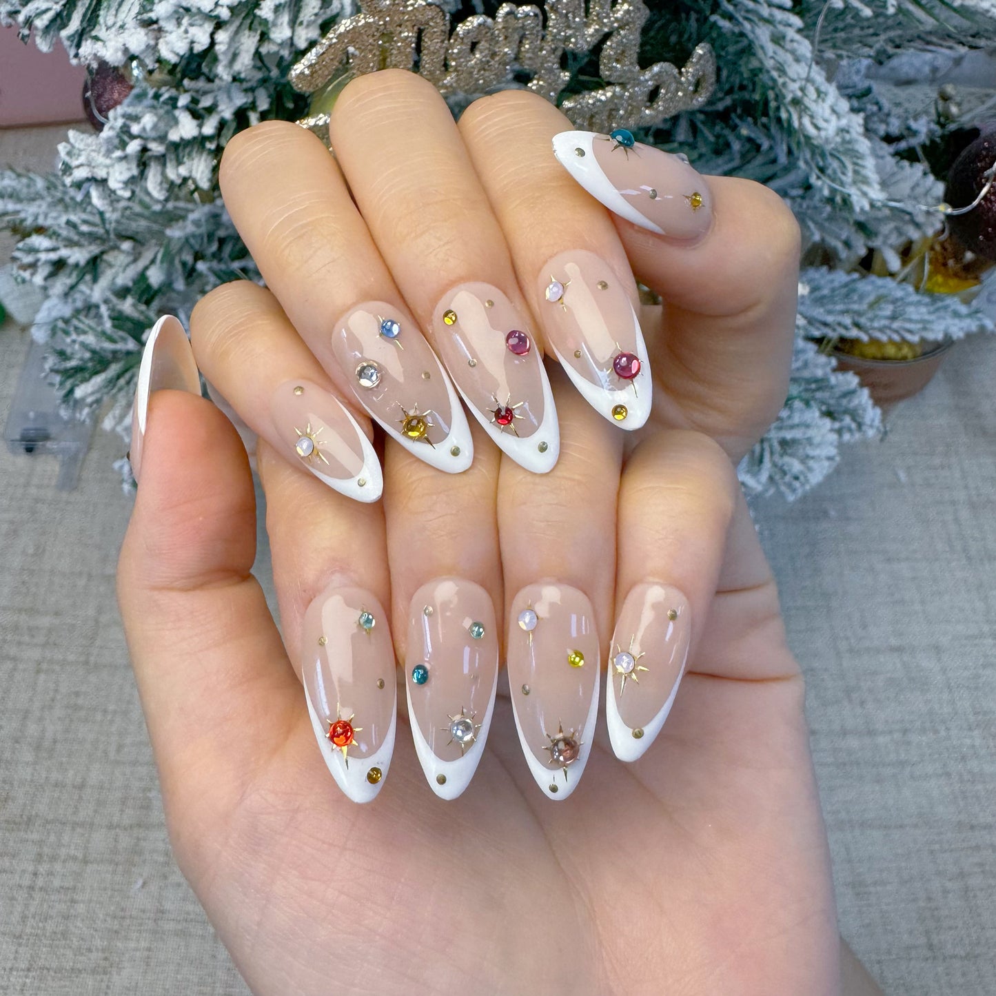 Christmas almond shape white french flash diamond nail