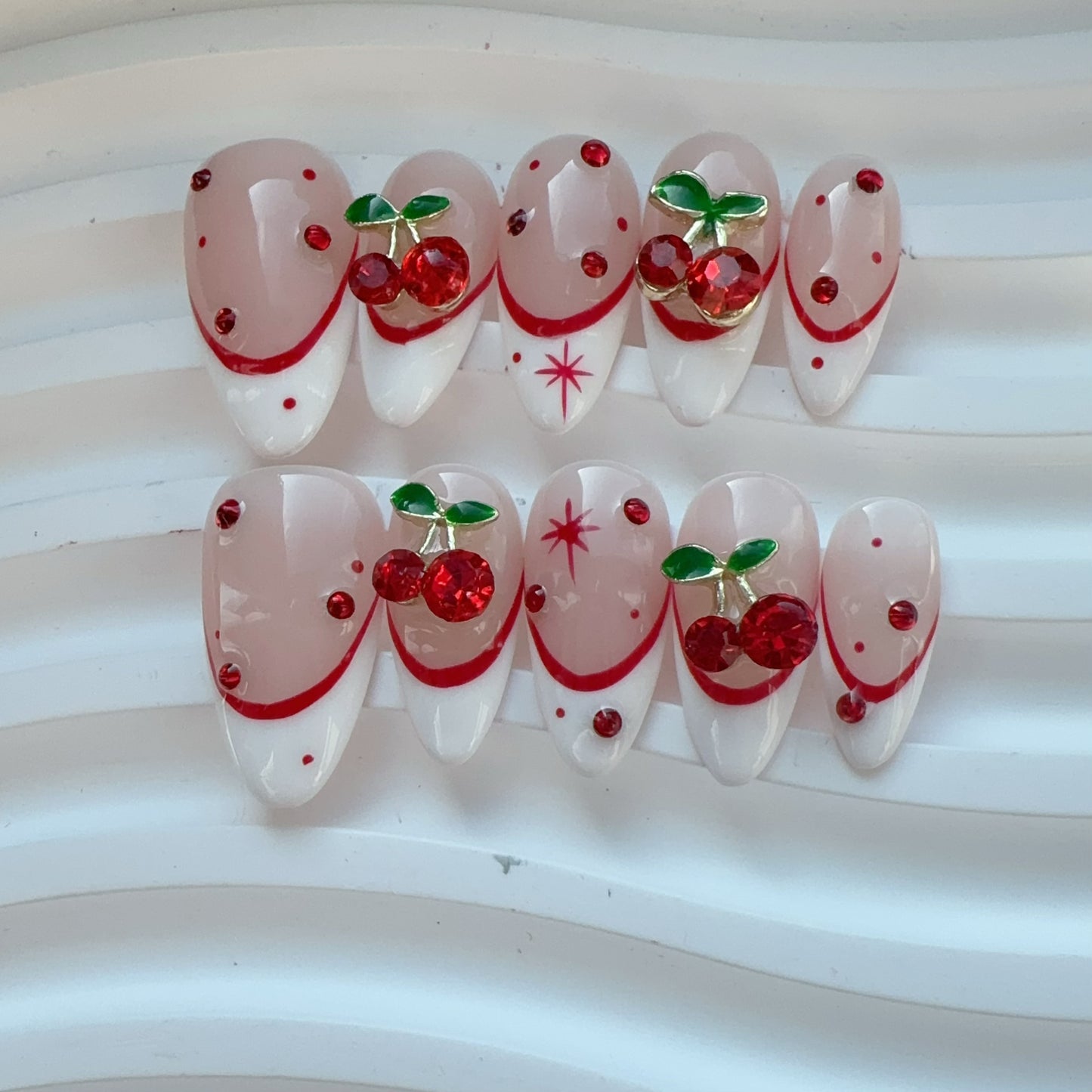 Christmas Almond shape white french cherry nail