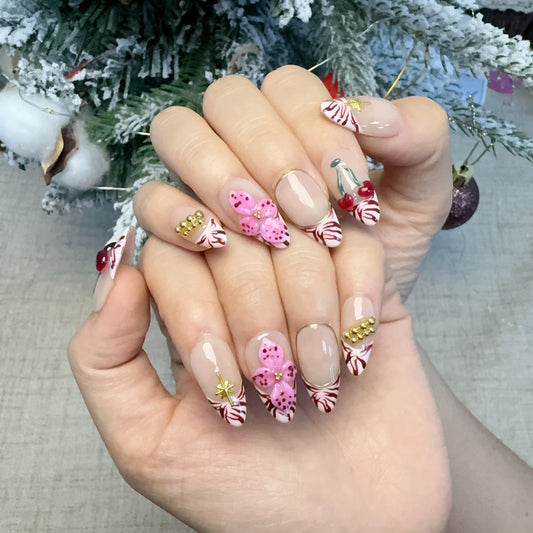 Almond 3D flower cherry zebra print nail