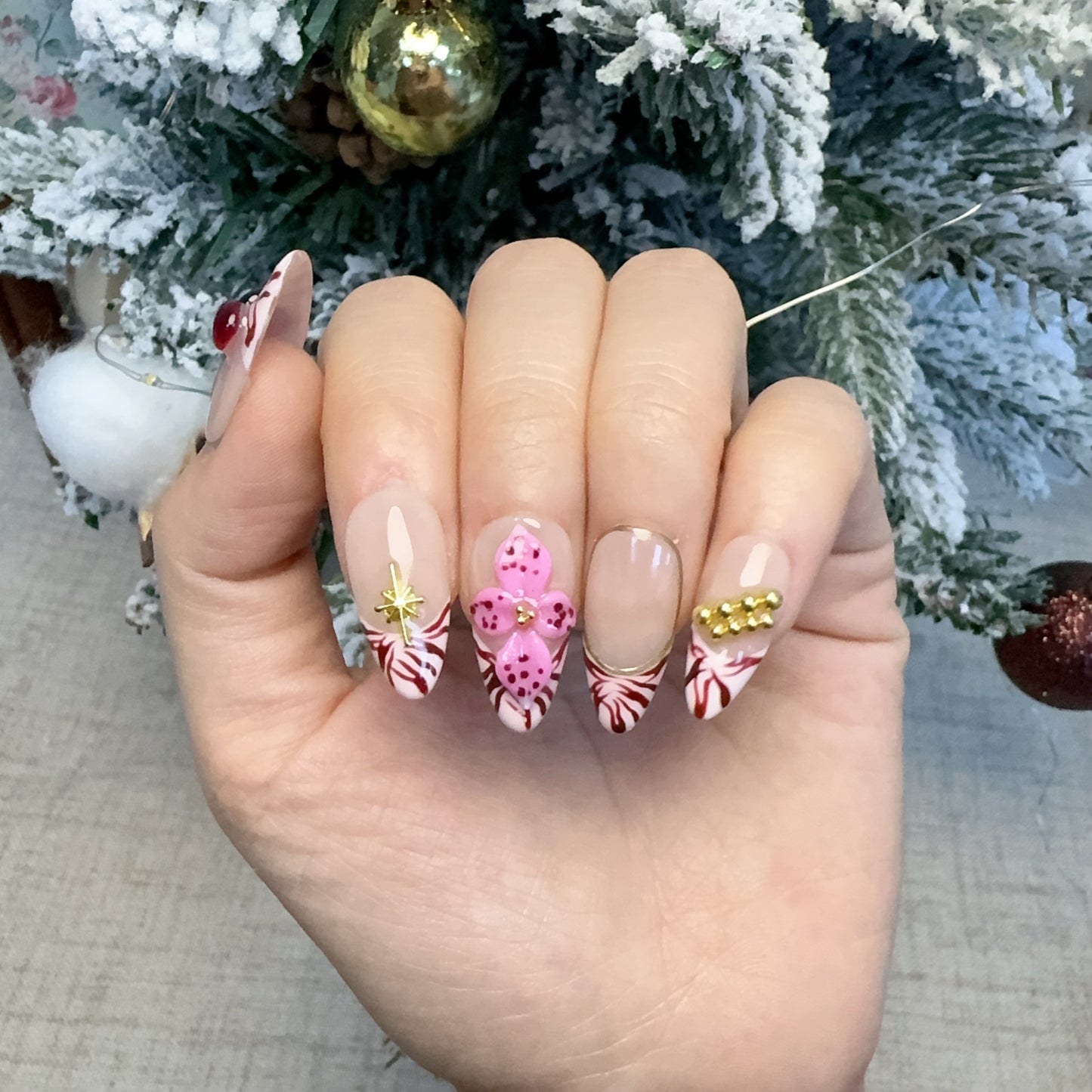 Almond 3D flower cherry zebra print nail