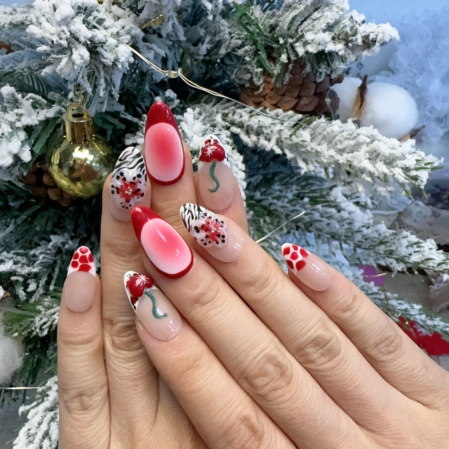 Zebra print cherry red flower nail