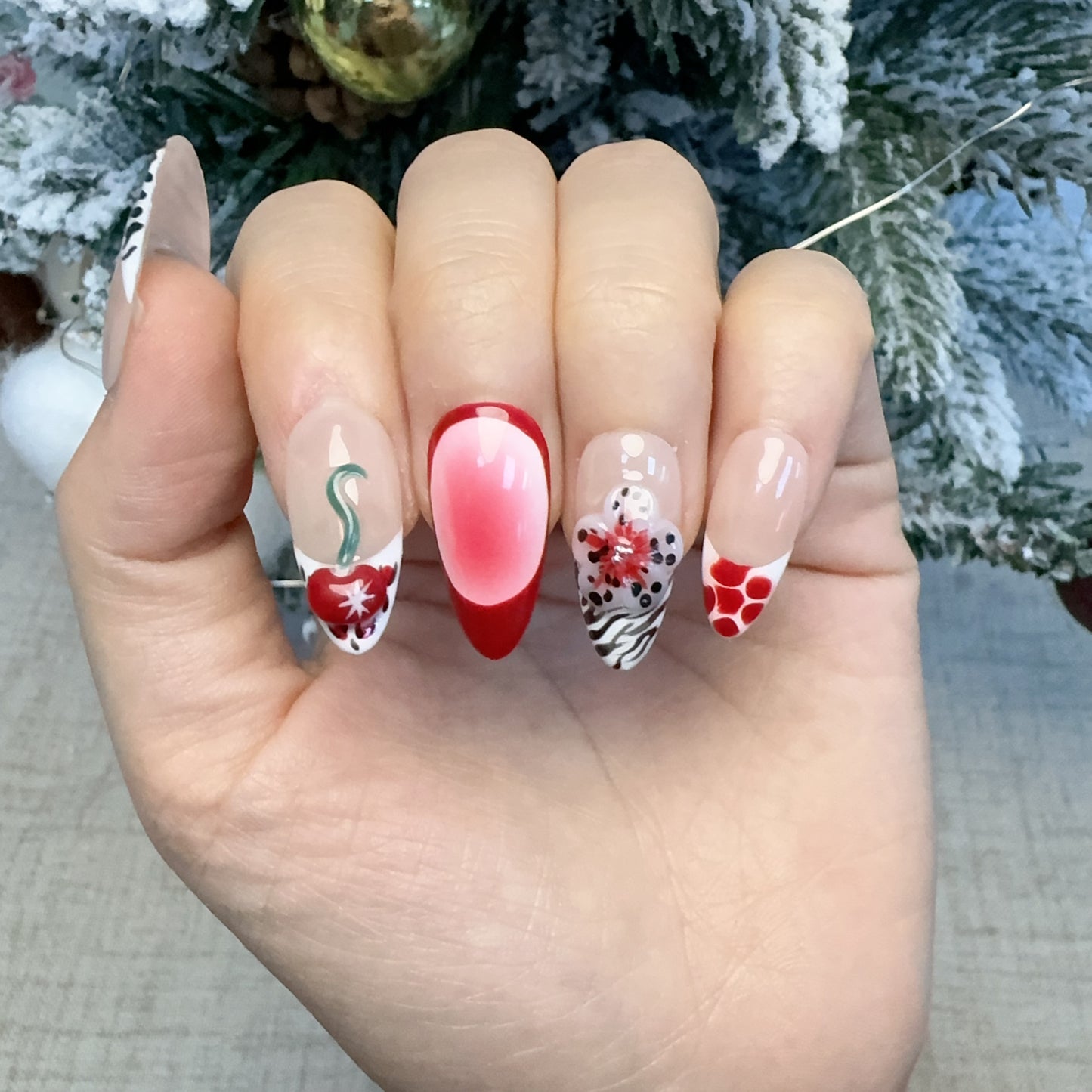 Zebra print cherry red flower nail