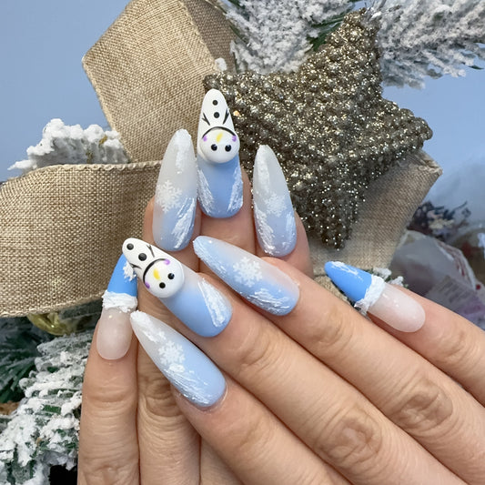 Stiletto snowflake snowman white nail