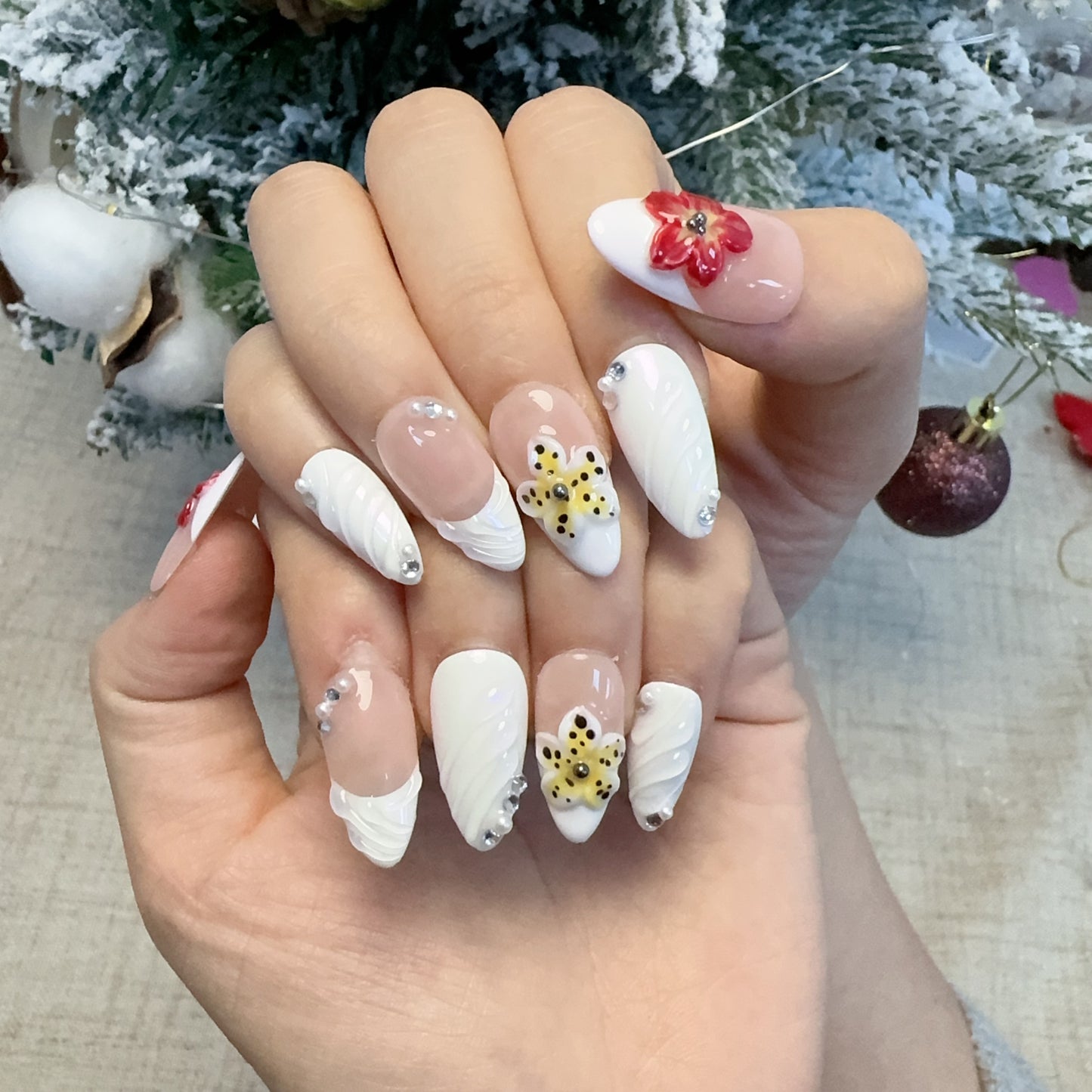 Almond white red flower nail