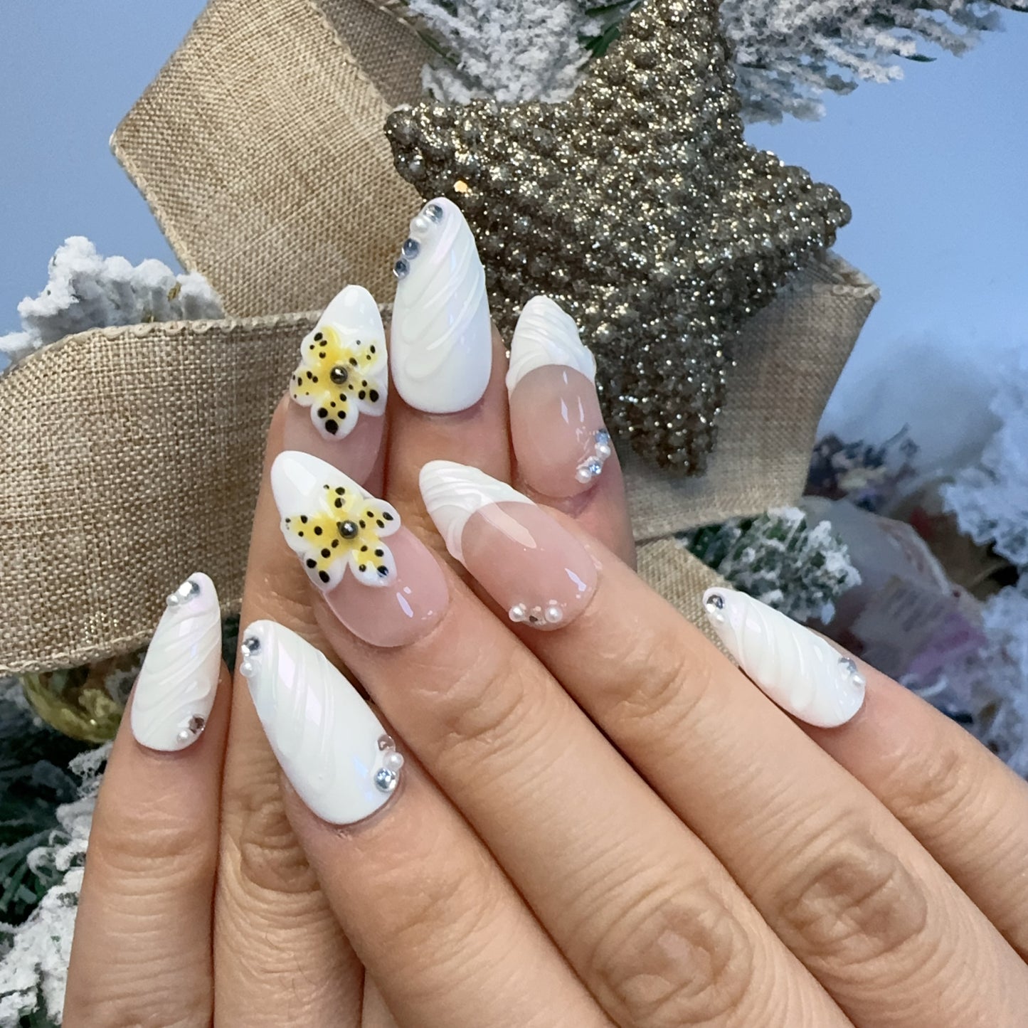 Almond white red flower nail