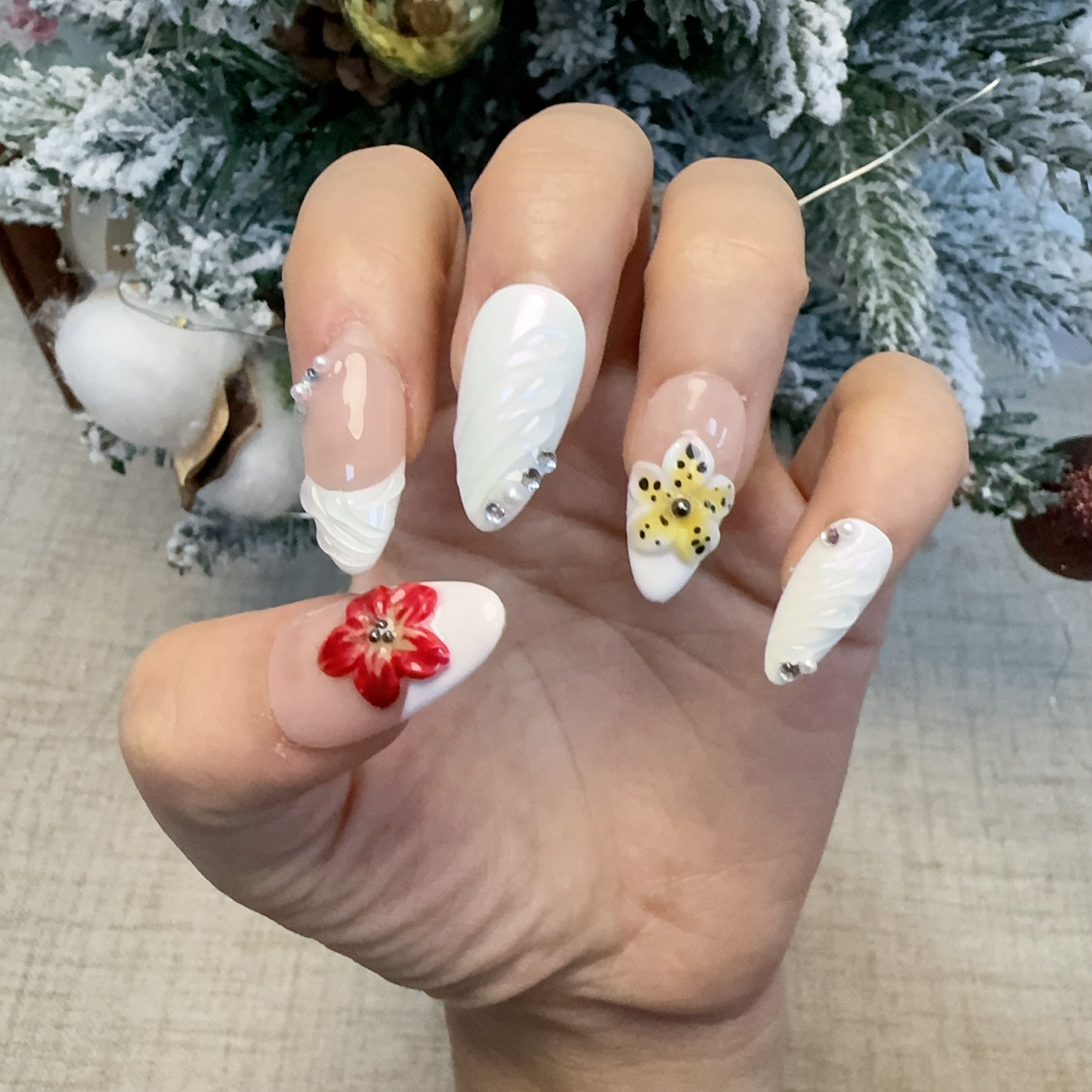 Almond white red flower nail