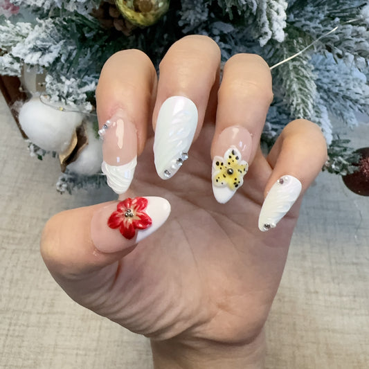 Almond white red flower nail