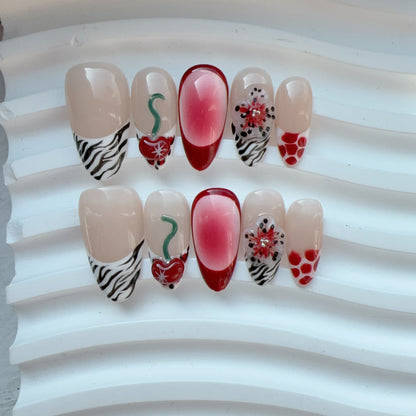 Zebra print cherry red flower nail