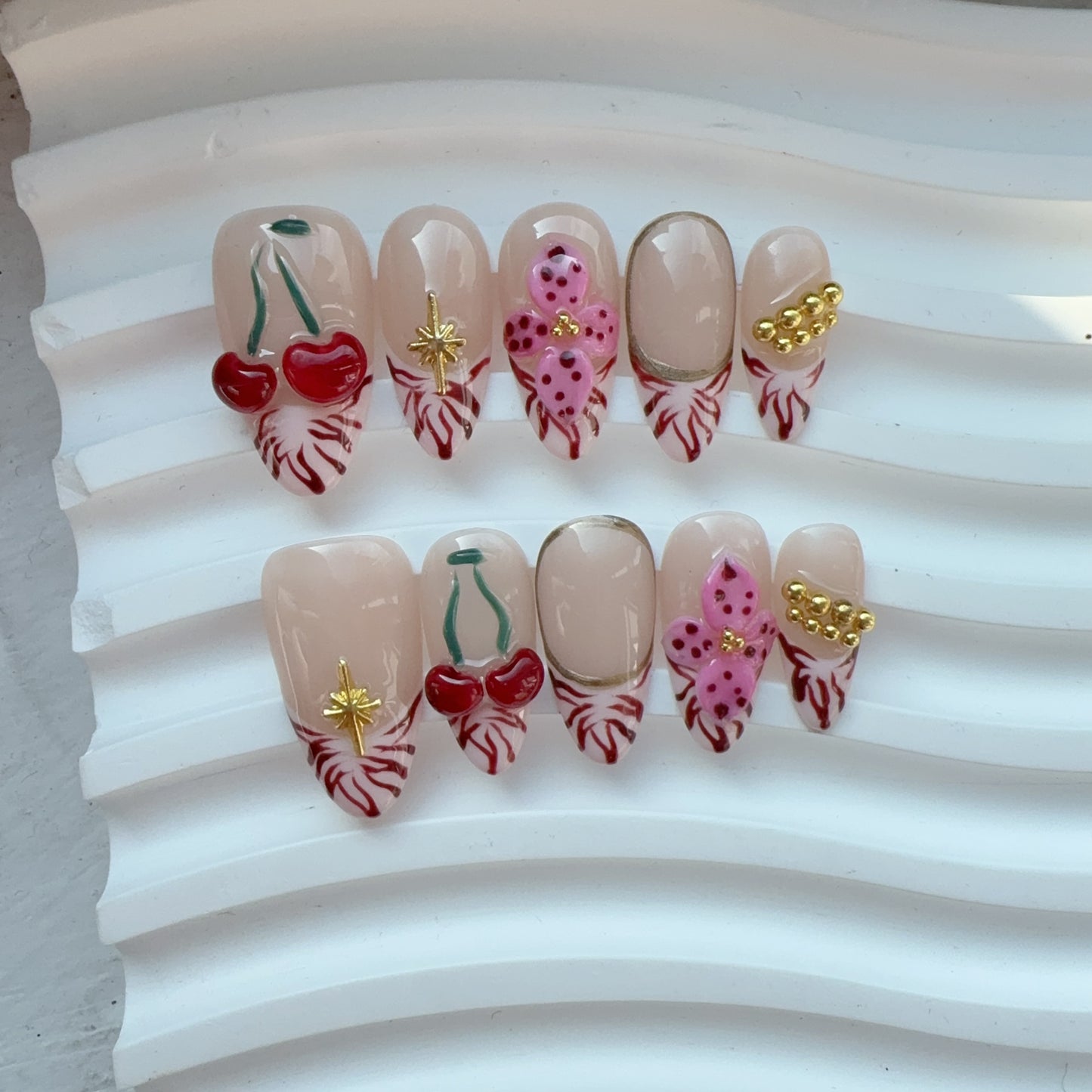 Almond 3D flower cherry zebra print nail