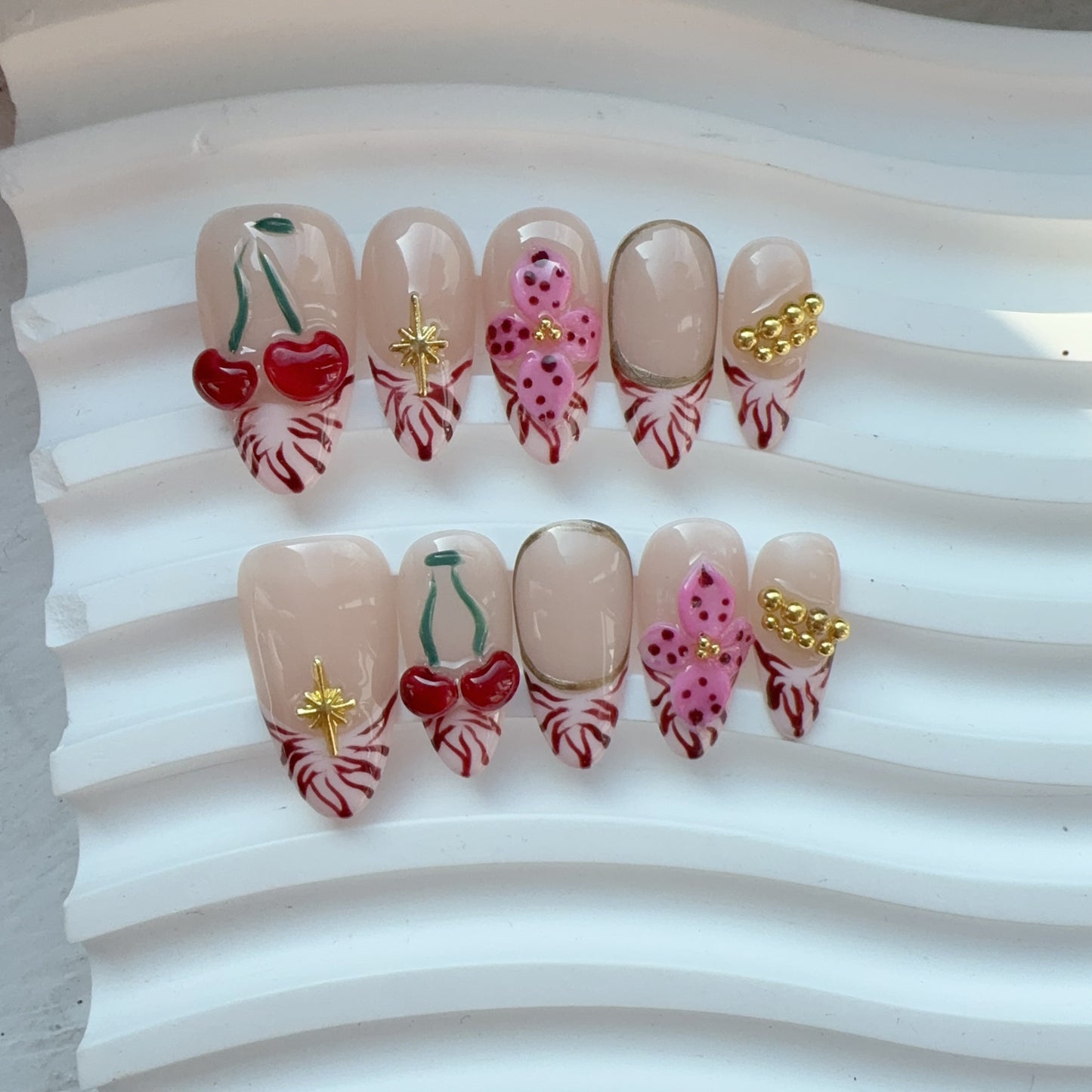 Almond 3D flower cherry zebra print nail