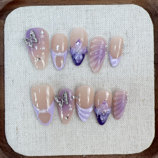 Almond purple butterfly nail