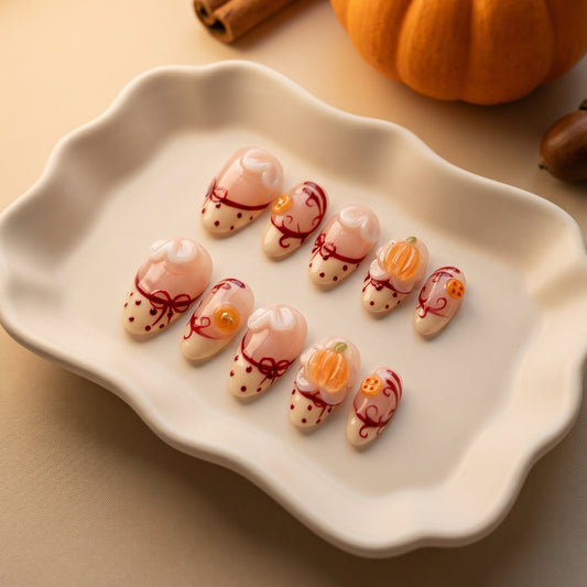 Pumpkin Kiss | Short Almond 3D Pumpkin & Ribbon Bow Press-On Nails