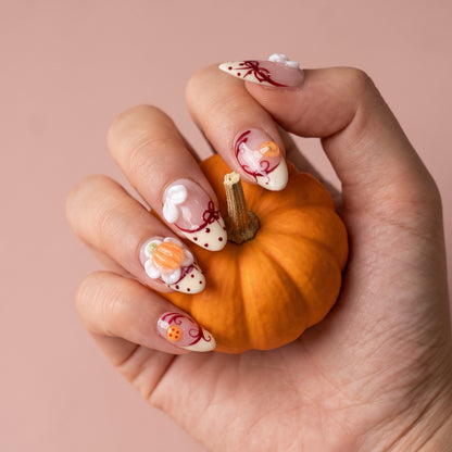 Pumpkin Kiss | Short Almond 3D Pumpkin & Ribbon Bow Press-On Nails