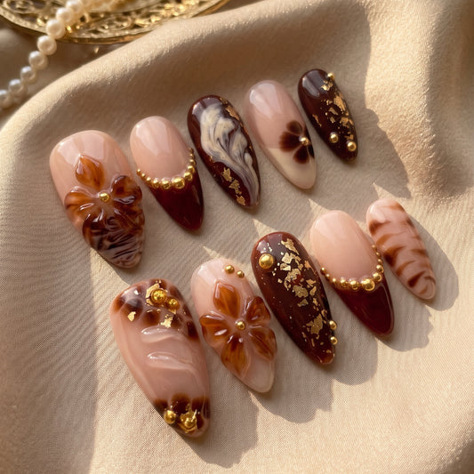 Mocha Bloom | Medium Almond 3D Marble & Flower Gold Foil Press-On Nails