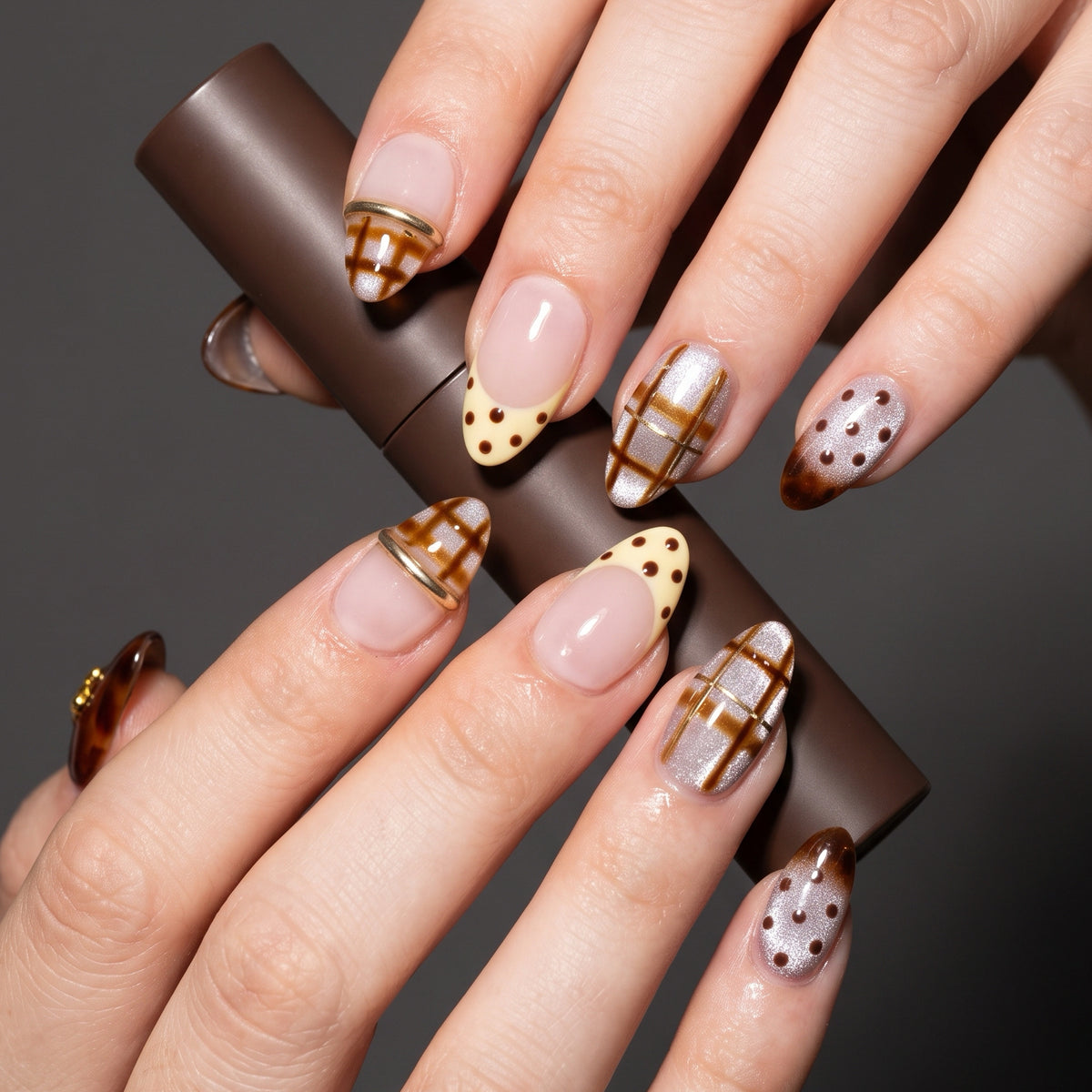 Amber Grid | Short Almond Handcrafted Tortoiseshell & Plaid Press-On Nails