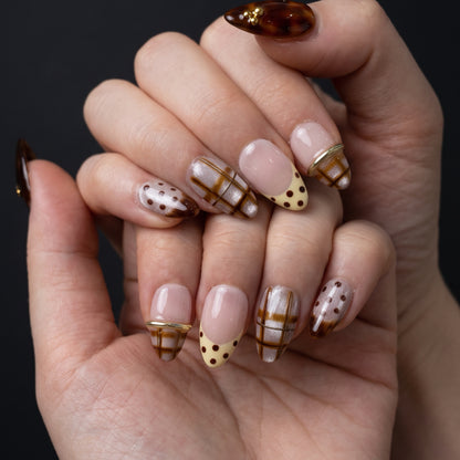 Amber Grid | Short Almond Handcrafted Tortoiseshell & Plaid Press-On Nails