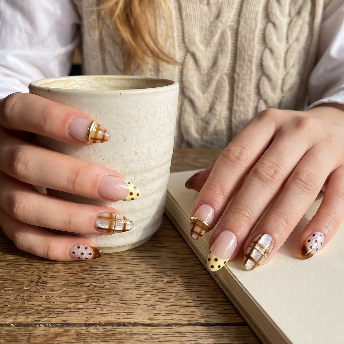 Amber Grid | Short Almond Handcrafted Tortoiseshell & Plaid Press-On Nails