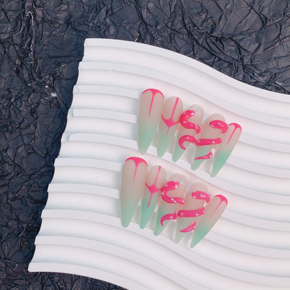 Long stiletto milk green pink snake