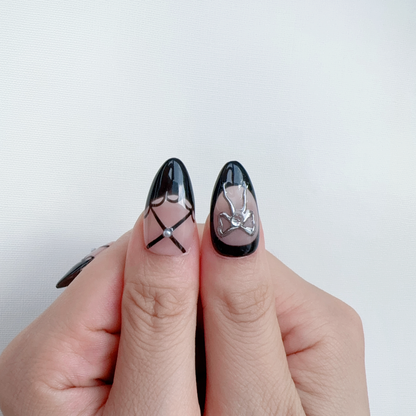 Almond black ballet french tip bow press on nail