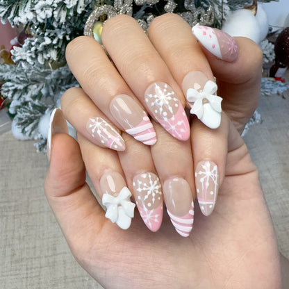 Almond shape pink french snowflake nail Sugarplum Whimsy