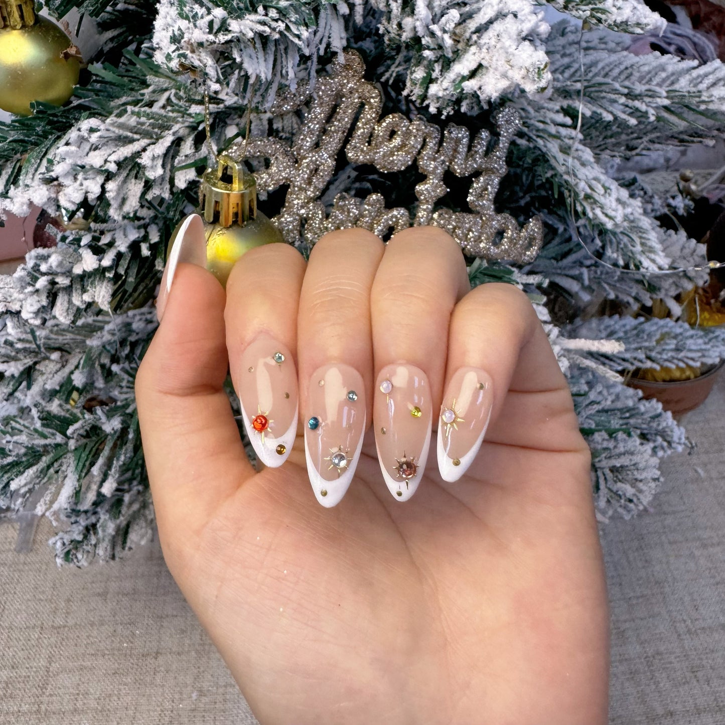 Christmas almond shape white french flash diamond nail