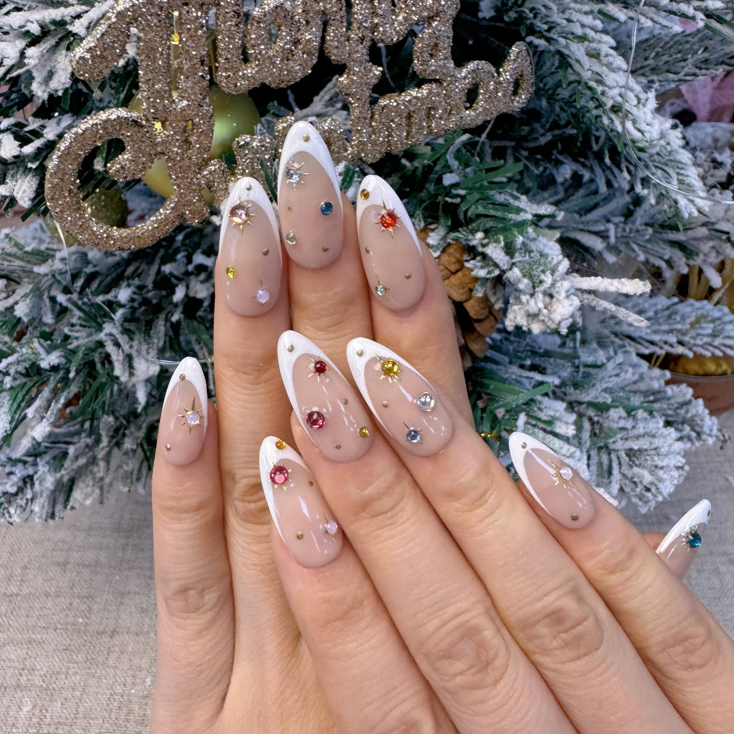 Christmas almond shape white french flash diamond nail