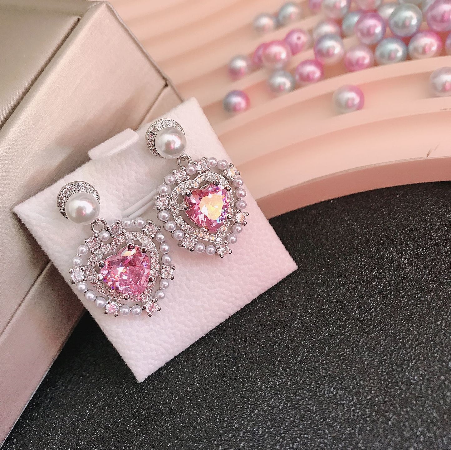 Pink Heart diamond necklace earring suit