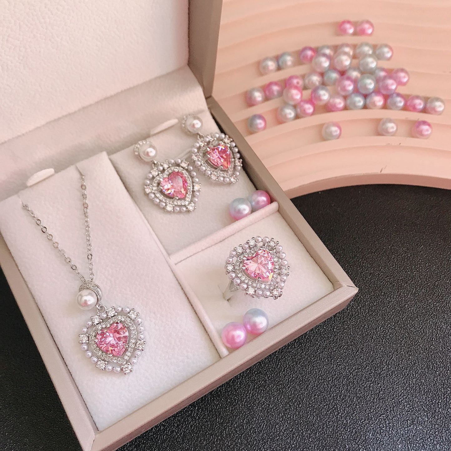 Pink Heart diamond necklace earring suit