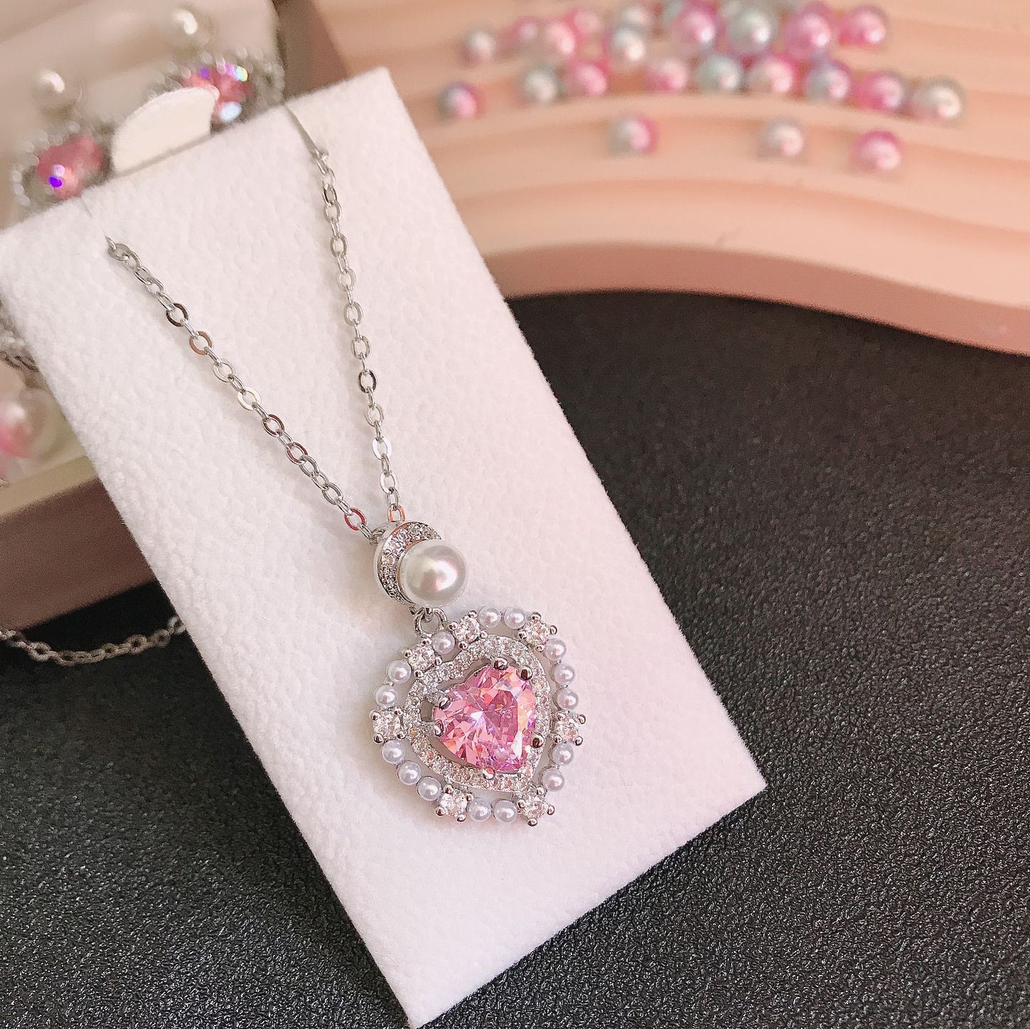 Pink Heart diamond necklace earring suit