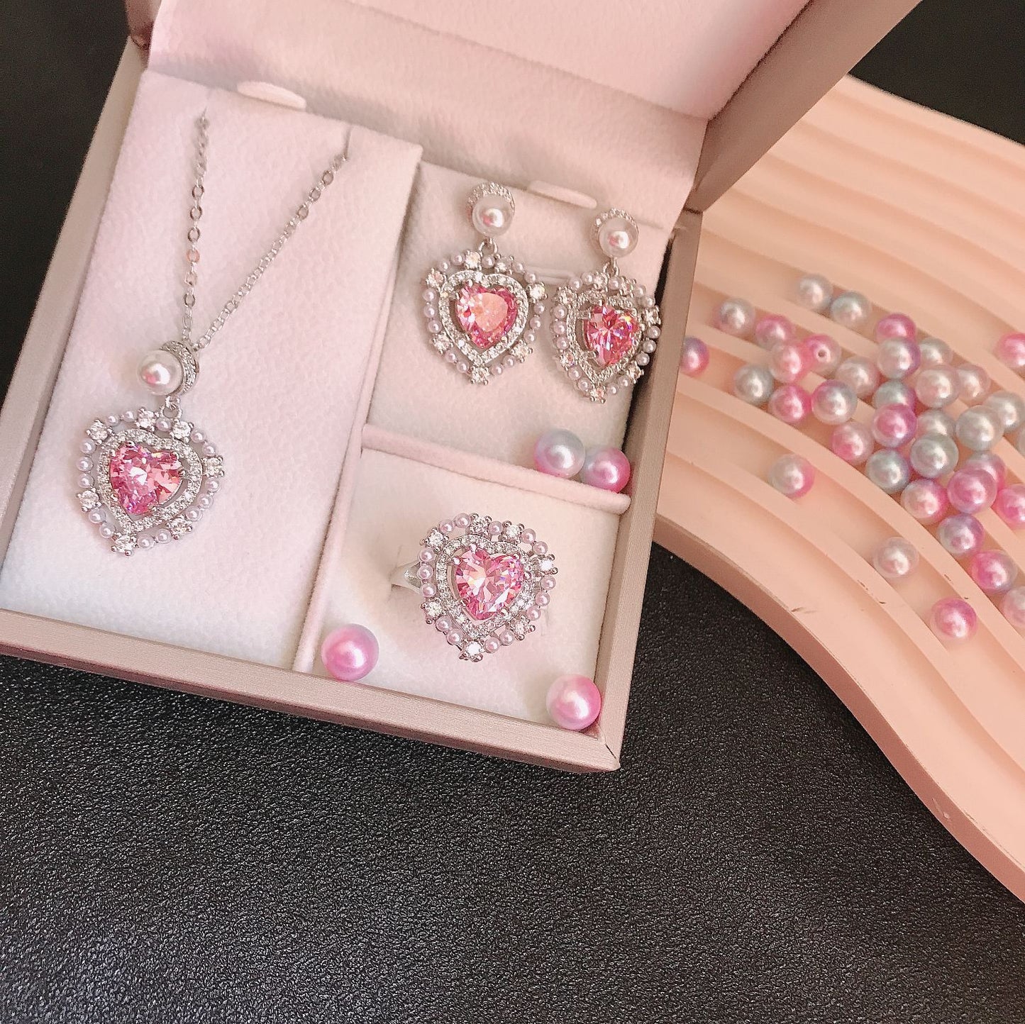 Pink Heart diamond necklace earring suit