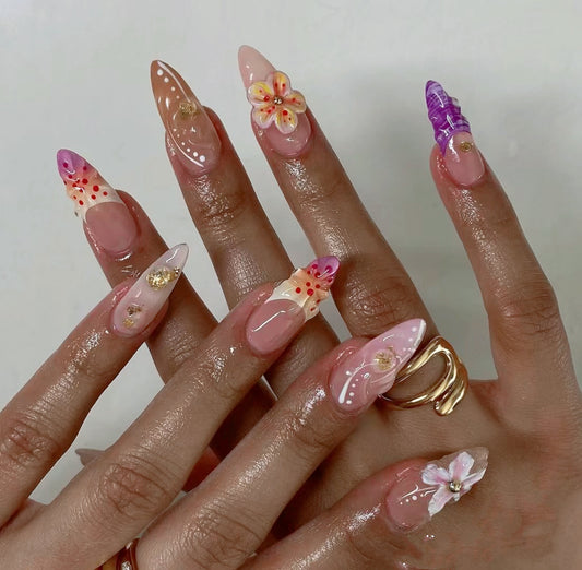 Almond 3D flower French tip butterfly