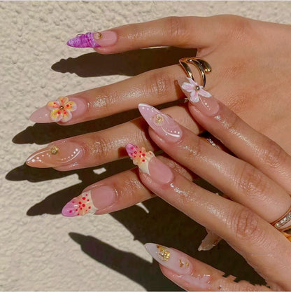 Almond 3D flower French tip butterfly