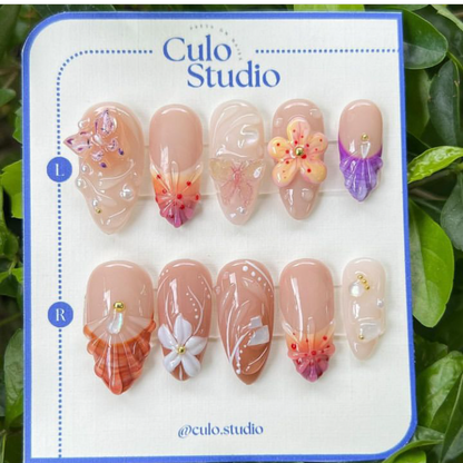 Almond 3D flower French tip butterfly