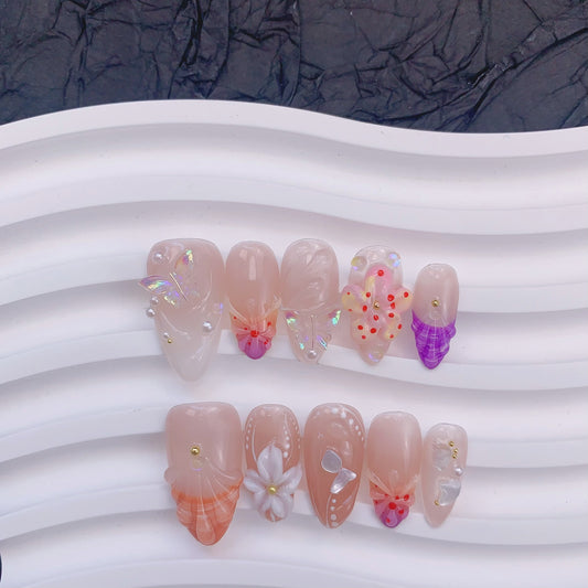 Almond 3D flower French tip butterfly