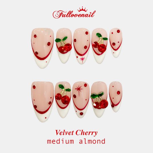 Almond Shape White French Cherry Nail Velvet Cherry handmade press-on nails — medium almond set in white | Fullovenail