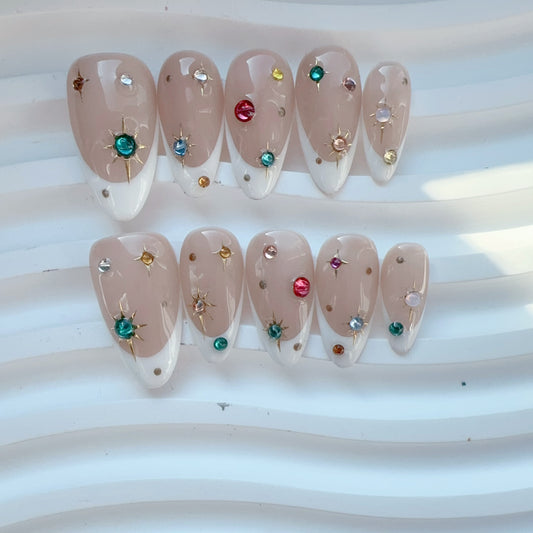 Almond shape white french flash diamond nail