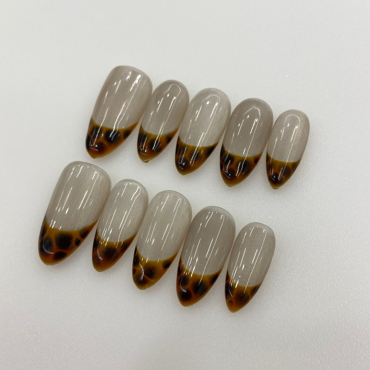 Full 10-piece set display of Amber French tortoiseshell press-on nails in light