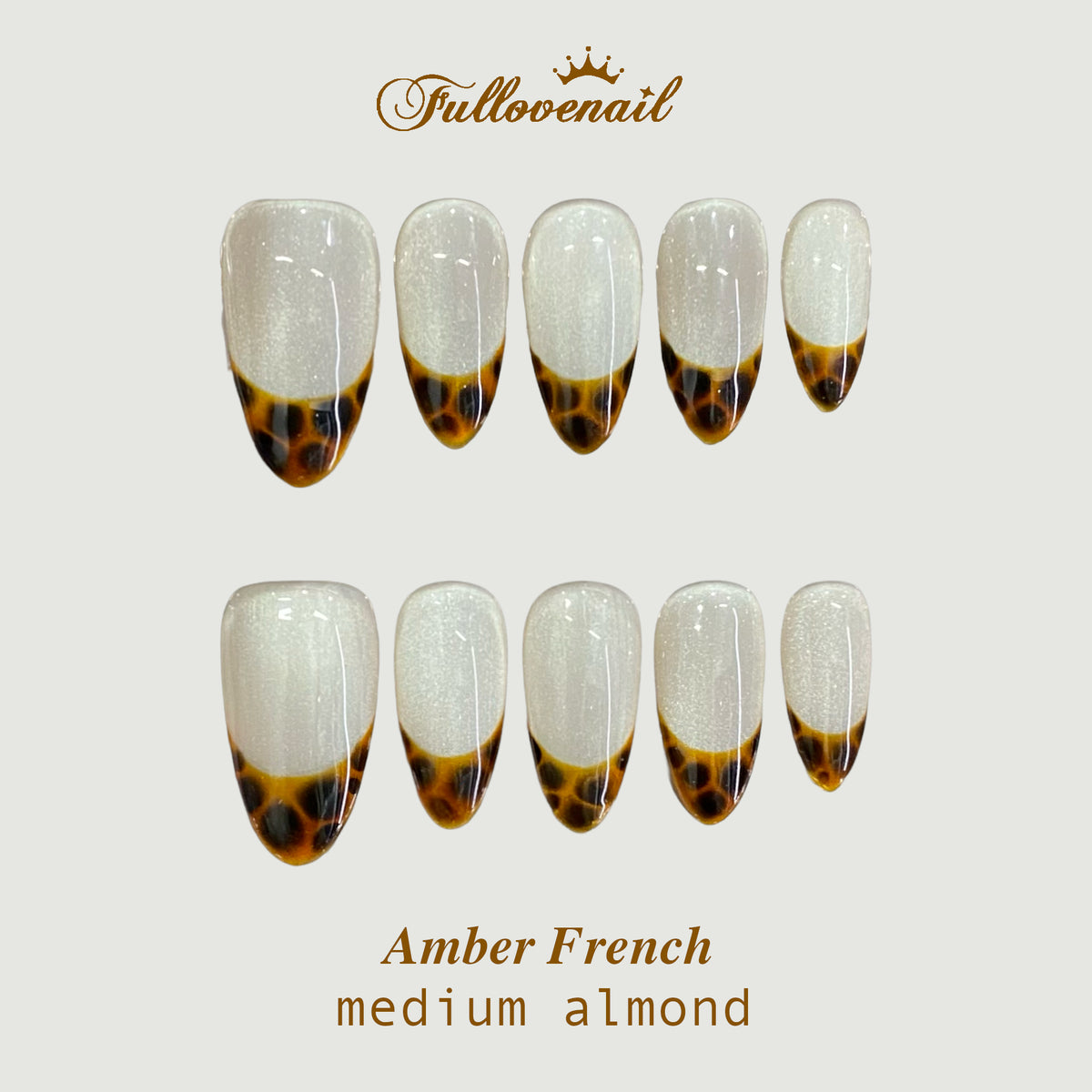 Amber French almond press-on nails with velvet cat-eye and tortoiseshell tips
