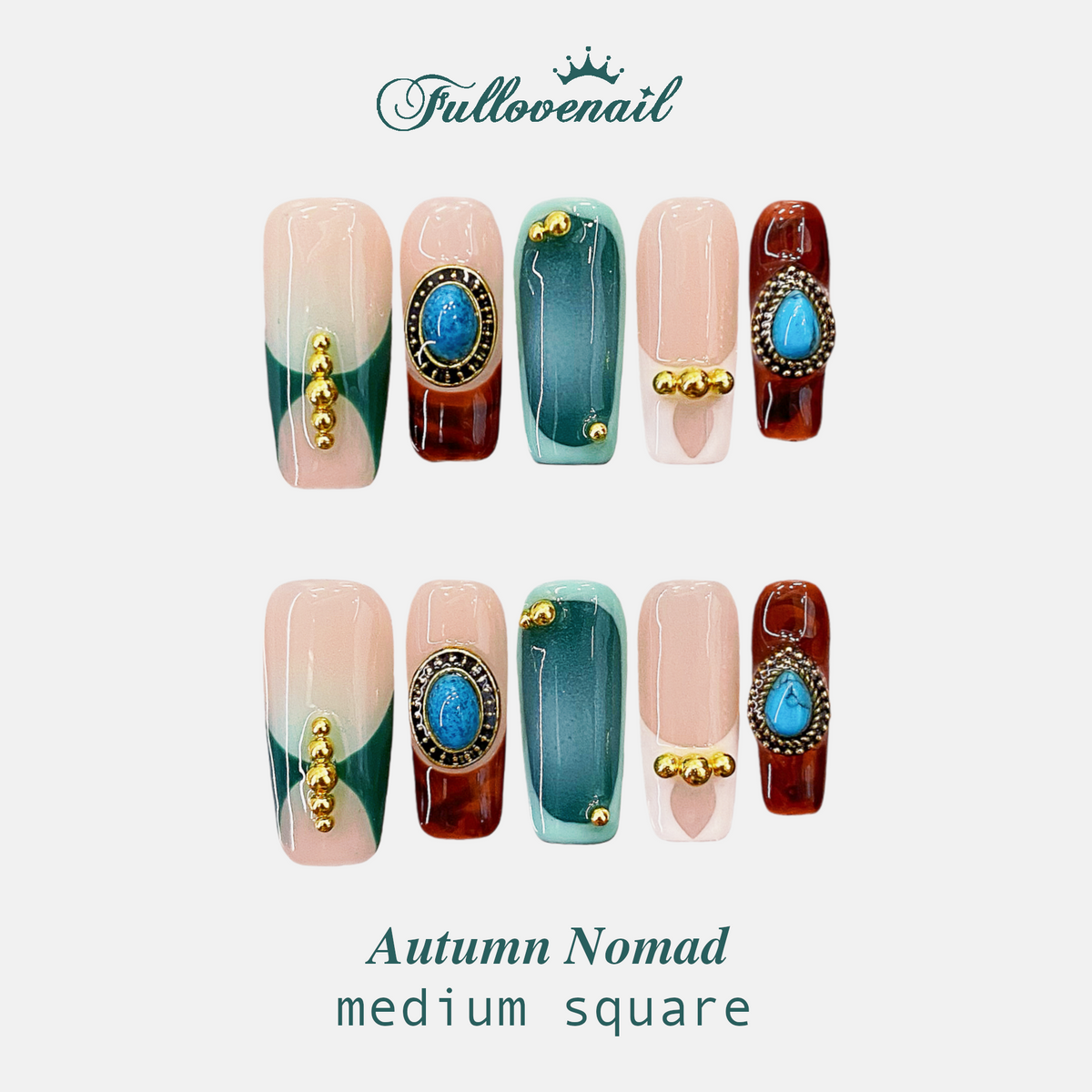 Autumn Nomad square press-on nails with 3D turquoise gems and green French tips