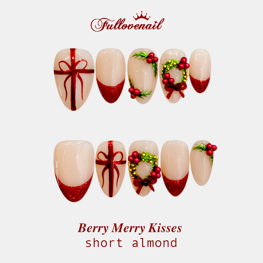 Berry Merry Kisses handmade press-on nails — short almond set in red and handcrafted art detailing | Fullovenail