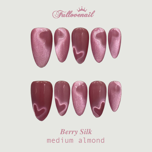 Berry Silk handmade press-on nails — medium almond set in red and handcrafted art detailing | Fullovenail