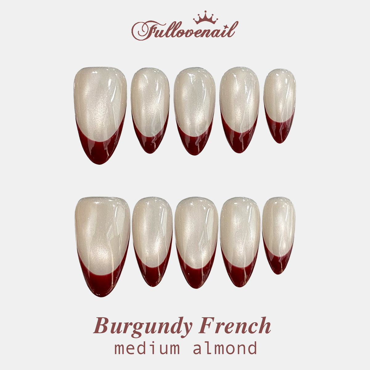 Burgundy French handmade press-on nails — medium almond set in red and clean French smile lines | Fullovenail